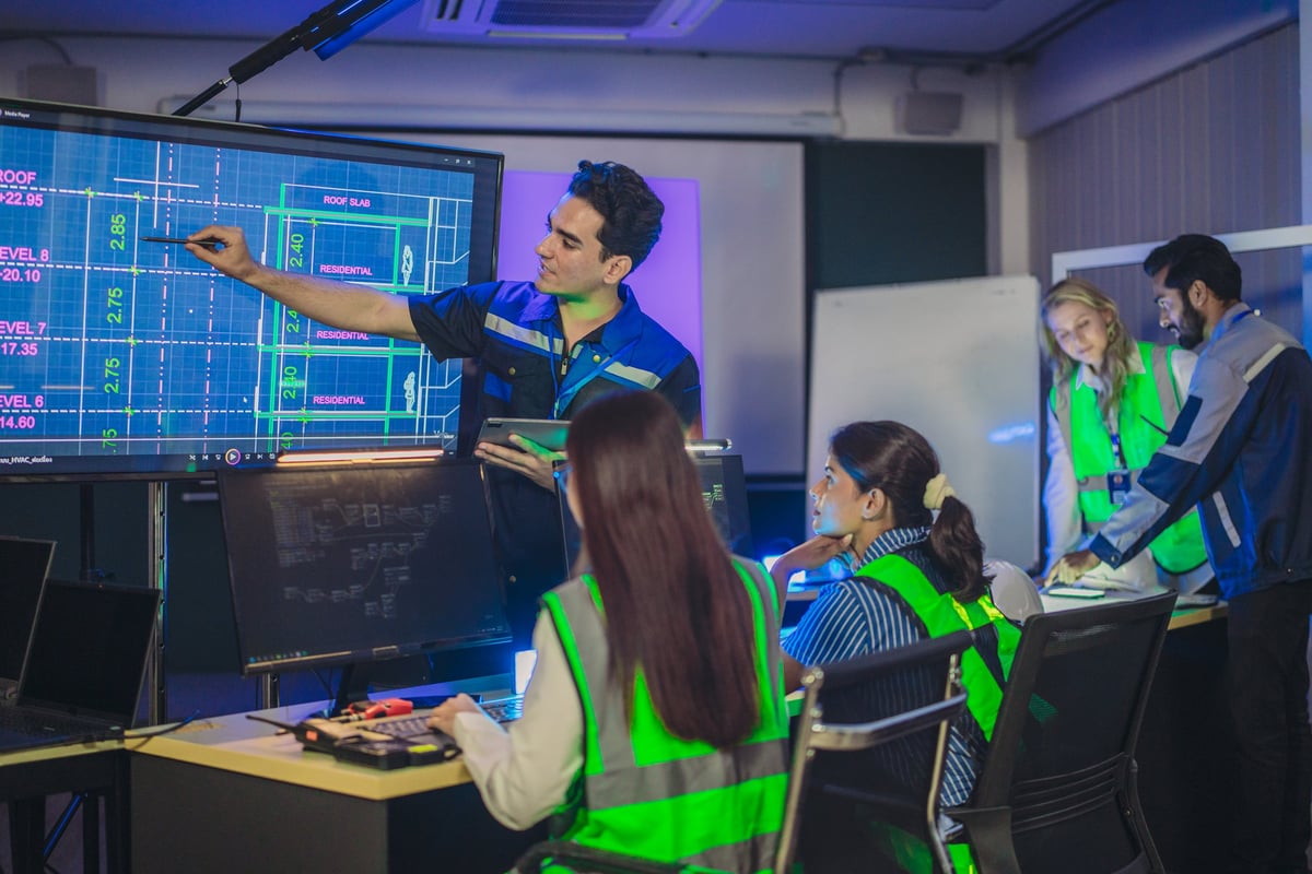 Engineers collaborating in operations control room