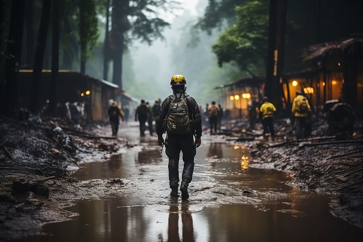 Soldier walking through flooded debris-filled street in dark urban ruins with illuminated buildings and figures in background