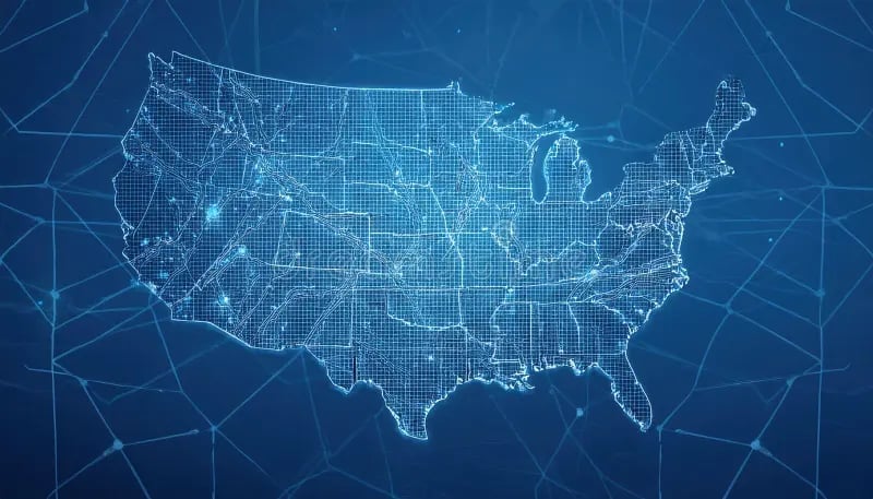 Digital map of the United States with blue grid pattern and connected network nodes on dark background