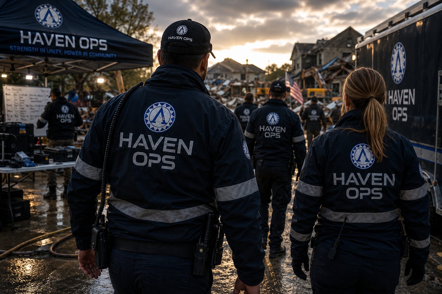 Haven Ops team members in dark uniforms with reflective stripes at an outdoor event during dusk, with tents and crowds in background